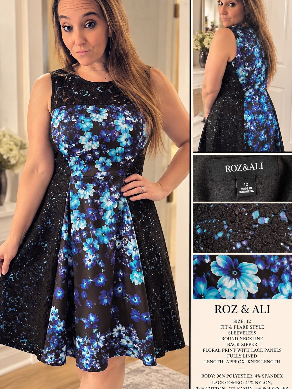 Roz & Ali Black Dress with Blue Floral Print and Lace Panels